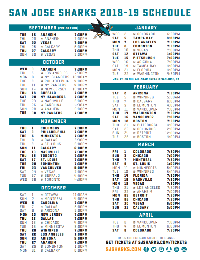 San Jose Sharks Schedule 202221 Pdf Softball Schedule 2022